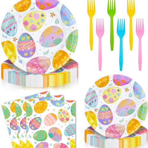 96 Pieces Easter Paper Plates and Napkins Tableware Set, Colorful Eggs Disposable Dinnerware with Plates, Napkins, Forks for Easter Spring Party Supplies-Serves 24