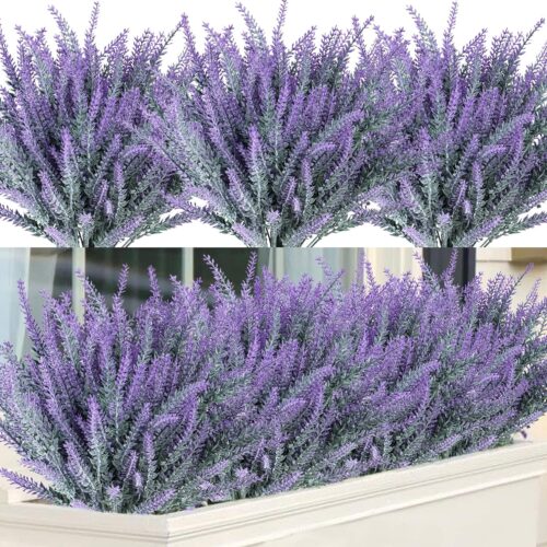 12 Bundles Artificial Lavender Fake Flowers Faux Plastic Plants for Home Wedding Kitchen Garden Patio Window Box Office Table Centerpieces Indoor Outdoor Decor, Gray Purple
