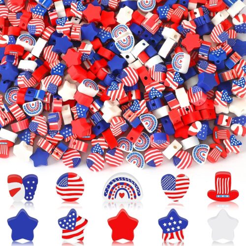 Patriotic Polymer Clay Beads, 300Pcs Red White Blue Beads 4th of July American Flag Spacer Beads for Bracelet Necklace Making Earrings Craft