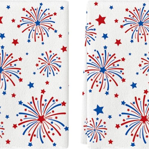 Fireworks Stars Patriotic 4th of July Kitchen Towels Dish Towels, 18x26 Inch Farmhouse Memorial Day Decoration Hand Towels Set of 2