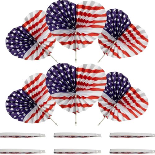 30 Pcs 4th of July Patriotic Themed Paper Fans, American Flag Star and Stripe Folding Fans, Independence Day Red White Blue Handheld Fans for Summer Memorial Day Party Decor Supplies