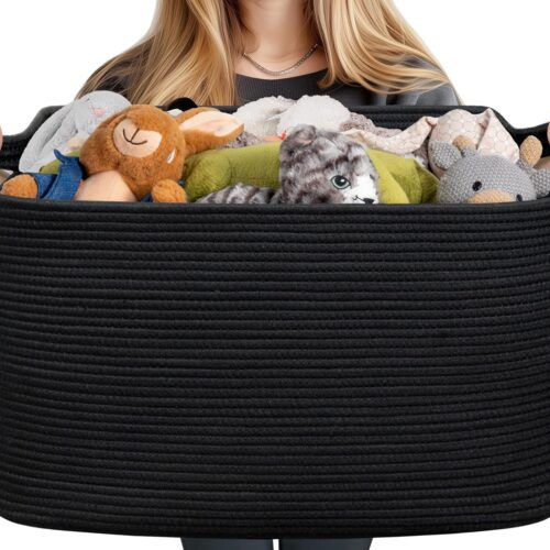 Black Blanket Storage Basket for Living Room, Woven Baskets for Storage, Dirty Clothes Basket, Extra Large Rectangle Baby Baskets for Pillows, Toys, 24" x 16" x 14"