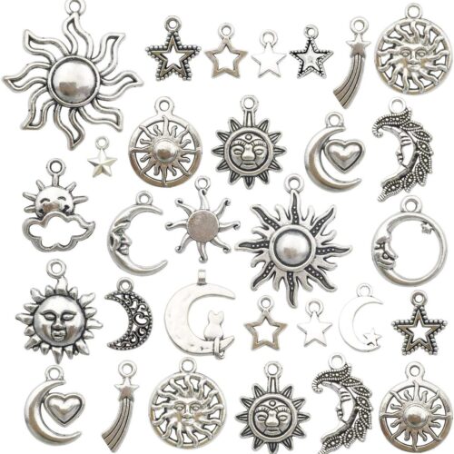 100g(80pcs) Craft Supplies Mixed Antique Silver Sun Moon Stars Charms Pendants for Crafting, Jewelry Findings Making Accessory for DIY Necklace Bracelet (M250)