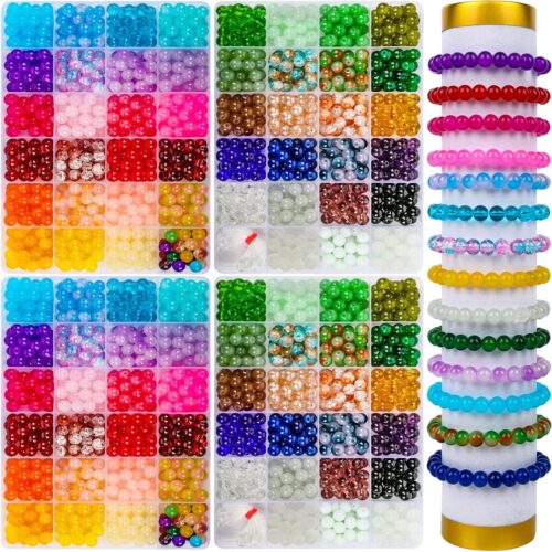 2400 PCS 8mm Glass Beads Bracelet Making Kit, 47 Colors Crystal Beads for Jewelry Making and DIY Crafts，4 Box Round Beads Suitable for Beginners