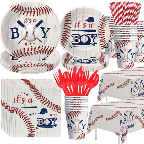 Baseball Baby Shower Decorations Tableware - It‘s A Boy Baseball Baby Shower Supplies, Plate, Cup, Napkin, Tablecloth, Cutlery, A Little Slugger Is On The Way Party Decorations | 24 Guests