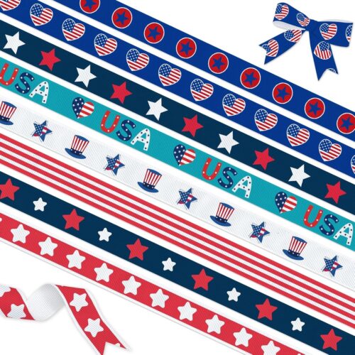 Patriotic Grosgrain Ribbon, 8 Pack (3/8 Inch x 3 Yards Each), American Flag Ribbon, USA Stars Stripes Heart Pattern Ribbons for Gift Wrapping, Memorial Day 4th of July Crafts Decoration