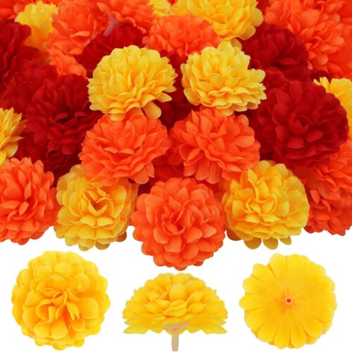 Marigold Flowers Heads Bulk, 40Pcs Silk Marigold Flowers Artificial for Decoration DIY Wreath Garland Craft Wedding Party Baby Shower Decoration Halloween Christmas (Mix Colors)