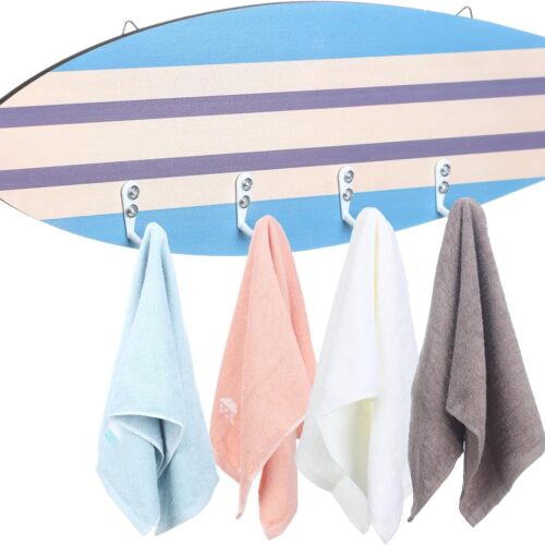 Surfboard Wall Hooks Surfboard Pool Towel Hooks Wooden Ornament Hooks with 4 Hooks Surfing Decorative Towel Hooks Rack Hangers for Beach Area Outdoor Swimming Pool Bathroom Bedroom Decoration