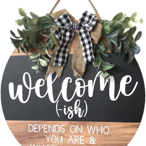Welcome Sign Front for Door Decoration, 12 in Round Wood Wreaths Wall Hanging Outdoor, Farmhouse, Porch, for Spring Summer Fall All Seasons Holiday Christmas