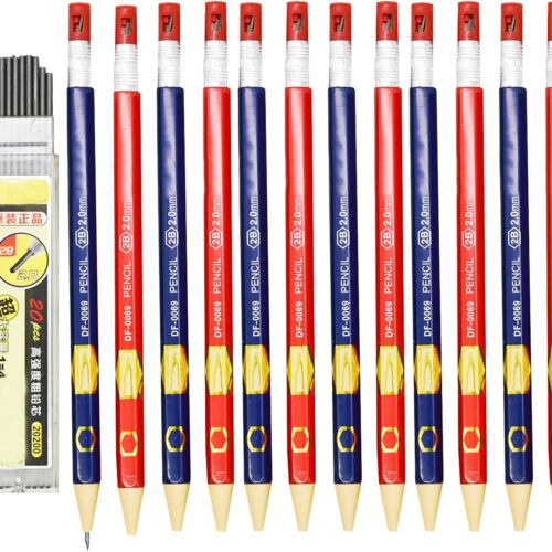 12 Pcs 2.0 mm 2B Classic Red Blue Mechanical Pencils Automatic Hexagonal Pencils Drafting Pencils Wood-like Pencils with 20 Pcs Refills Sharpeners for Artist Drawing Sketching Shcool Office
