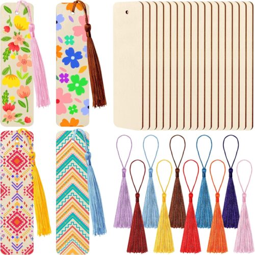 100 PCS Unfinished Wood DIY Bookmark Craft Kit with 50 PCS Colorful Tassels Wooden Blank Bookmarks Ornament 4.8 x 1.3 Inch