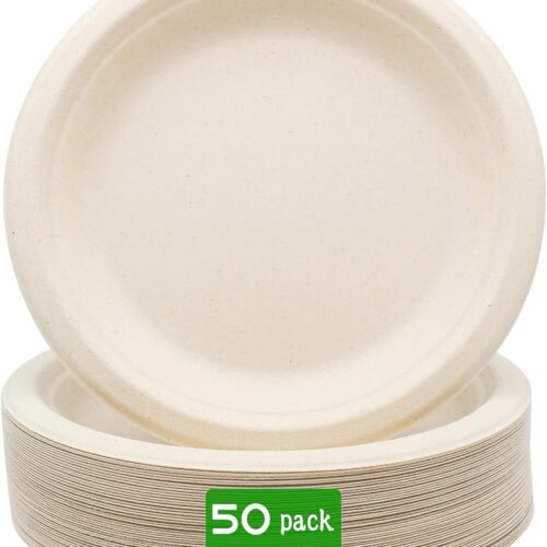 100% Compostable Disposable Paper Plates Heavy Duty Waterproof Plates-50 Pack 7 inch Eco-Friendly Plates, Natural Biodegradable Sugarca Bagasse Dinner Plates Unbleached Brown