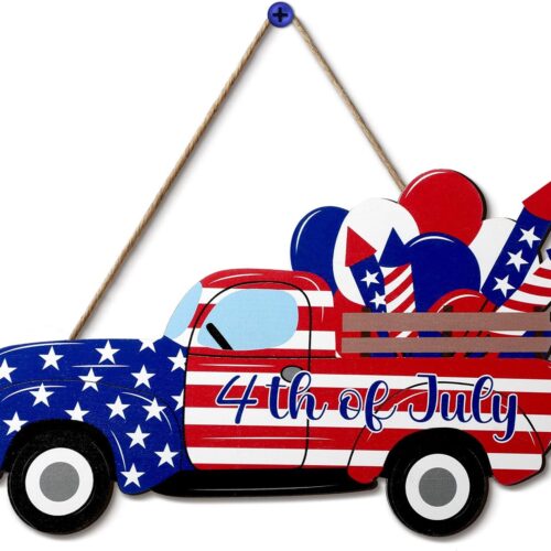 4th of July Hanging Sign Independence Day Decoration American Flag Truck Decor Door Sign Wooden Hanging Truck Sign Plaque Decor for Room Front Door Porch, 11.8 x 4.8 Inch