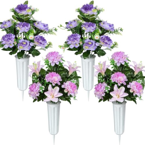 Artificial Cemetery Flowers, Artificial Grave Memorial Flowers with Vase for Cemetery Graveyard Decoration (Purple Flowers Bouquets, Set of 4)