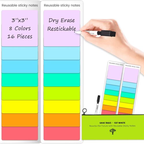Dry Erase Sticky Notes - Reusable Whiteboard Stickers 8 Colors 3"x3"-16 Pack. Suitable for All Smooth Surface.Great for Labels, Lists, Reminders and Decals-Washable,Removable