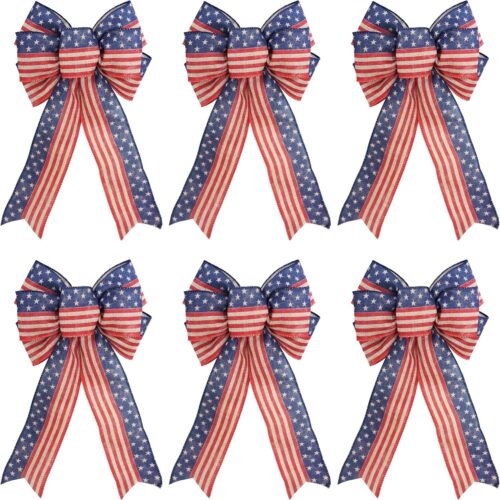 6 pcs Patriotic Bow for Wreath, Burlap Bow 4th July Decorations, Memorial Day Red Beige and Blue Star Bow (8x12.5 inches)