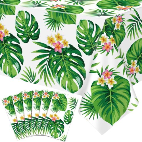 6 Pack Hawaiian Luau Tablecloths Tropical Palm Leaves Table Cloth Hawaiian Luau Table Cover Palm Leaves Table Cloth Baby Birthday Birthday Party Summer Pool Tropical Party Decorations 86 x 51 in