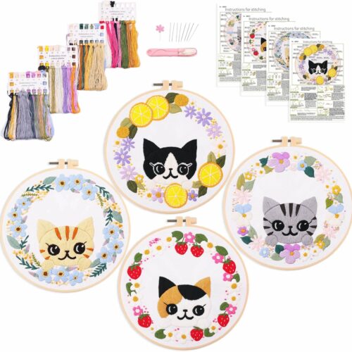 4pcs Beginner Embroidery Kit,Cute cat Pattern,Cross Stitch Kits, Including Stamped Embroidery Cloth with 2 Embroidery Hoops, Multicolor Color Threads for Embroidery Kit