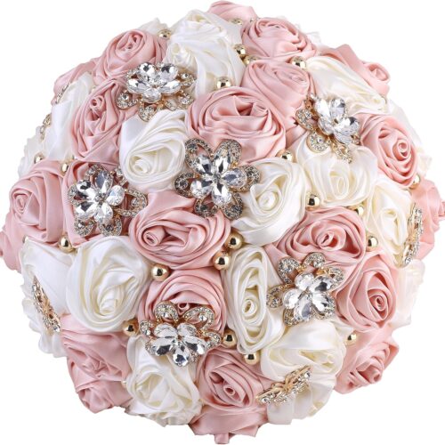 Handmade Bridal Wedding Bouquet Satin Rose Artificial Flower Bouquet for Bride Bridesmaid Holding Toss Round Wedding Bouquets Sparkling Rhinestone (Pink & Ivory, 7.1"/18cm)