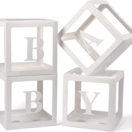 Baby Boxes with Letters for Baby Shower, 4 Transparent Balloon Boxes with Letters for Gender Reveal Birthday Wedding Baby Shower Decorations (White)
