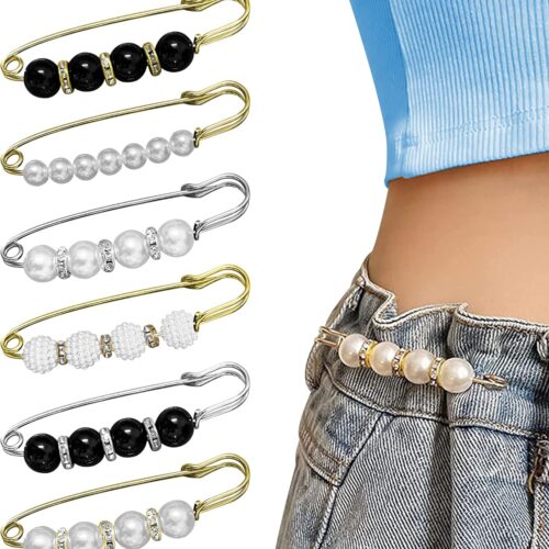 Pearl Brooch Pins, Jeans Button Pins, No sewing Faux Pearl Safety Pins Cardigan Collar Safety Pins for Women Girls Clothing Dresses Decoration Accessories (6PCS)