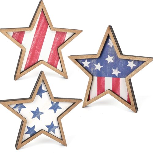 4th of July Decorations Wooden Stars, Patriotic Memorial Day Star Tiered Tray Decor Set of 3, Fourth of July Red White Blue Decoration for Home Office Table Shelf (Flag Retro)