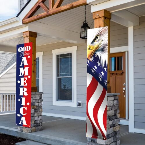 4th of July Decorations Independence Day Patriotic Decorations Banner, Red White Blue American Flag Porch Sign Banner Party Supplies for Labor Day Veterans Day Memorial Day Armed Forces Day - 2pcs