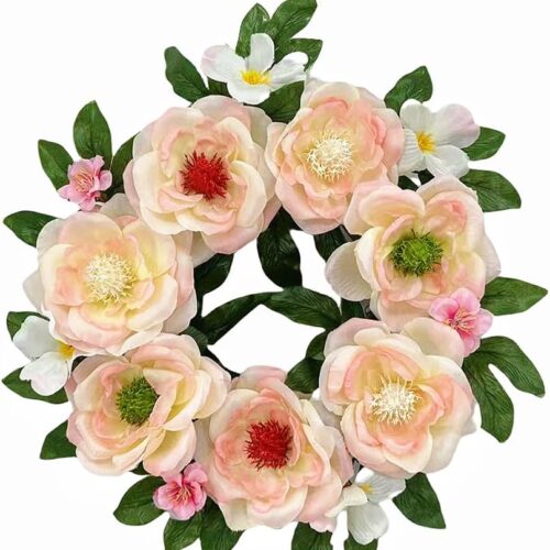 16 Inch Spring Wreath for Front Door, Artificial Summer Floral Wreath with Pink Flowers for Home Party Garden Wall Holiday Celebrations