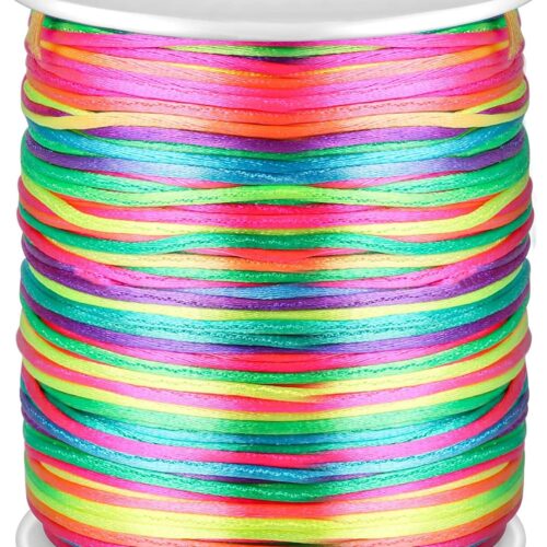 Rainbow Color Nylon Cord, Nylon Craft String, Silky Satin Rattail Cord Beading String for Braided Bracelets, Pendants Necklace, Macrame Keychains, Lanyards, Drawstring Bags, DIY Crafts, Sewing