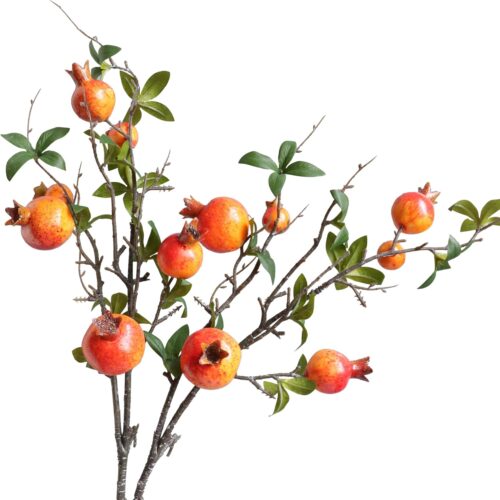 2pcs Pomegranate Tall Orange Artificial Flowers Faux Holly Berry Fall Stems Branches Fake Fruit for Christmas Tree Filler Home Living Room Vase Table Decorations Centerpieces