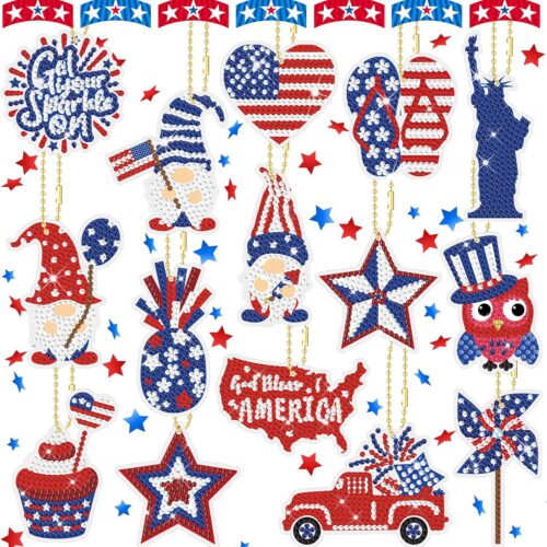 15 Pcs 4th of July Diamond Painting Key Chains Patriotic Diamond Art Keychain Kit Memorial Day Red Blue White American Gnome Star Diamond Painting Accessories Ornaments for Adult Kid DIY Craft