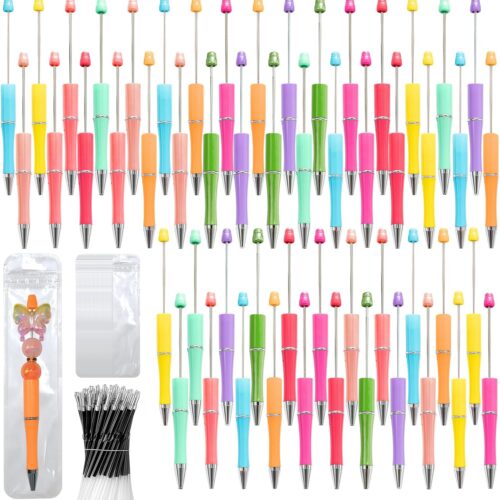 150 Pieces DIY Beadable Pens Kit - 50 plastic Beadable Pens Bulk, Refills & pen bags Included - Beaded Pens Black Ink Ballpoint Cute Pens（Bright）