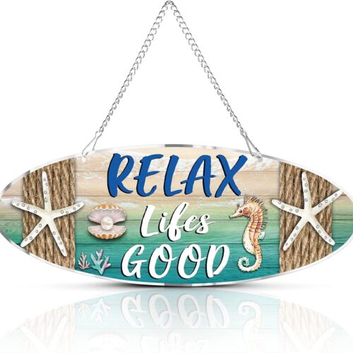 Beach Sign Decor Hanging Sea Decorations Starfish Wall Decoration Beach Plaque Door Wall Plaque Decor Sign with Seahorse and Scallop for Decoration(Classic Style)