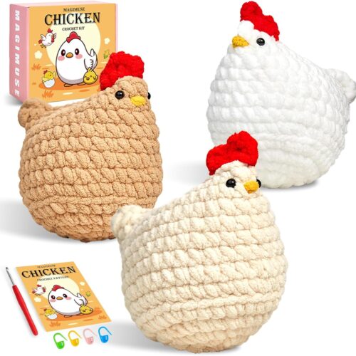 Crochet Kit for Beginners, Crochet Starter Kits for Adults Amigurumi Craft Knitting Crochet Animals Kits with Step-by-Step Video Tutorials, 3 Pcs Chicken (40%+ Yarn)