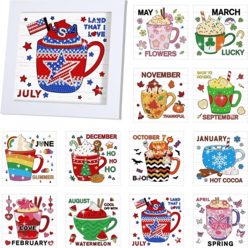 13 Pcs Interchangeable Seasonal Diamond Painting Kits 5D Summer 4th of July Diamond Art Kits with Frame for Cute Cartoon Holiday Table Decor Art Craft Gifts(Coffee)