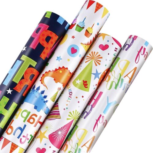Birthday Wrapping Paper - 4 Mini Rolls, 17" x 120" Each, Happy Birthday Letter, Dinosaur Pattern (56 sq.ft)