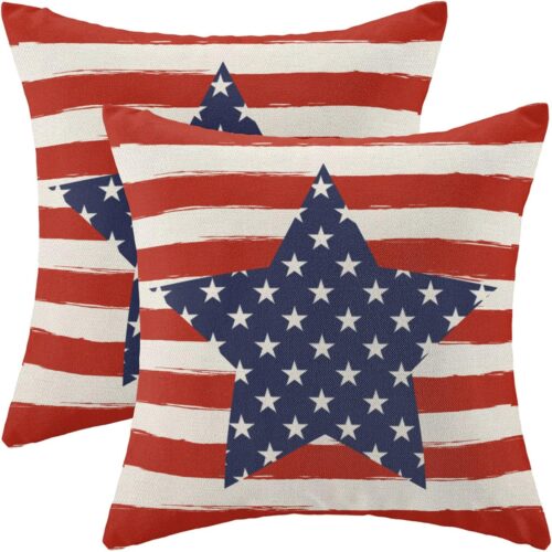 4th of July Pillow Covers 16x16 Inch Set of 2 Memorial Day Independence Day Red Stripe Blue Star Decor Throw Pillows American Flag USA Patriotic Outdoor Cushion Cases for Couch Bed Decorations