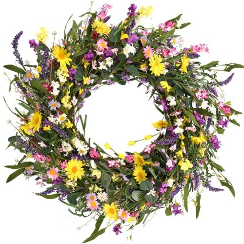 Spring Wreath 24 Inch Summer Wreaths for Front Door Artificial Flower Wreath with Daisy and Lavender for Indoor Outdoor and Easter Celebration