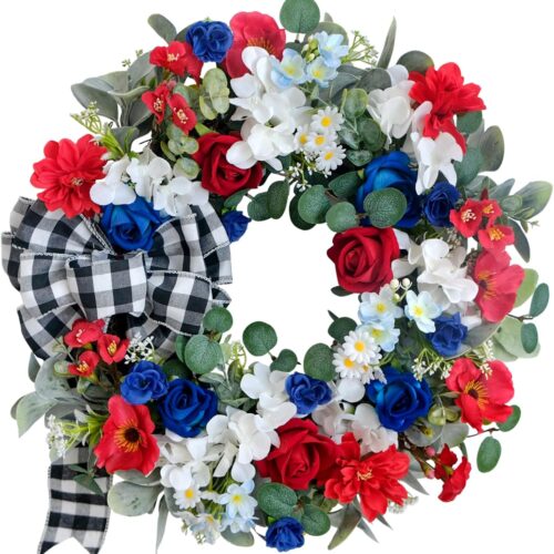 22 Inch Patriotic Wreath 4th of July Wreaths for Front Door Red White and Blue Wreath Artificial Roses Hydrangea and Plaid Bow for Memorial Independence Day Spring Indoor Outdoor Decorations