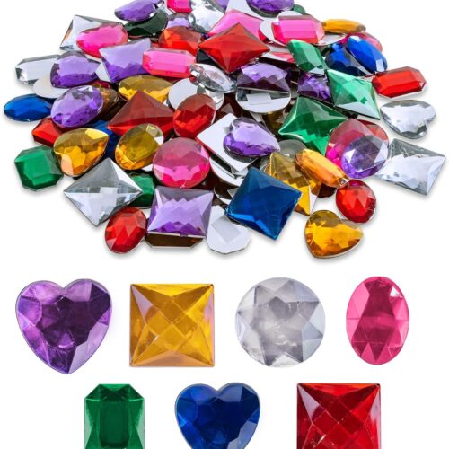 1" Assorted Colorful Adhesive Stick-On Heart Star Round Shaped Jewel Gems for Arts & Crafts, Themed Party Decoration Accessories, Children Activities (100 Pack)