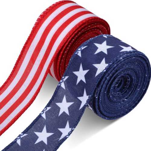 2 Rolls 20 Yard Red White and Blue Ribbon Patriotic Star and Striped Wired Royal USA Ribbon DIY Crafts for 4th of July, Independence Day, Memorial Day(1.5 Inch,Red, White, Blue)