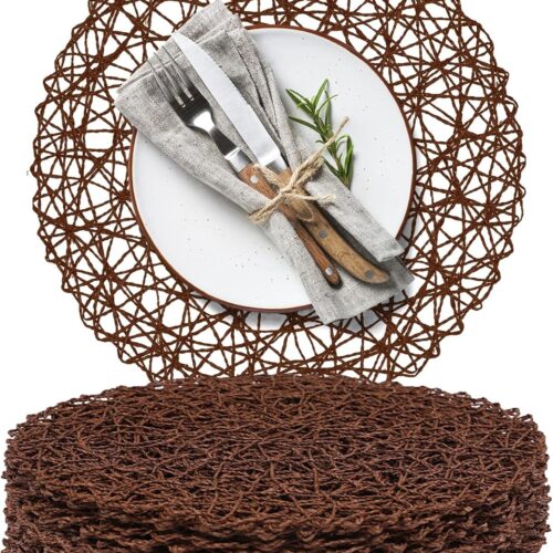 Paper Braided Round Placemats Set of 12 Natural Non-Slip Heat Resistant Table Mats for Dining Tables Woven Indoor & Outdoor Place mats(Coffee,12)