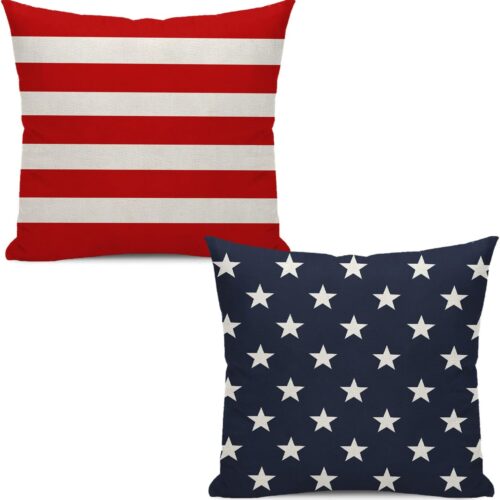 4th of July Throw Pillow Cover, 16x16 Inch Set of 2 Red Stripes Blue Stars Patriotic Decorative Outdoor Cushion Cover Memorial Independence Day Pillow Cases Linen Farmhouse for Sofa Couch Bed
