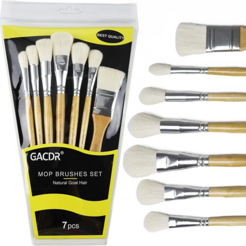 Gilding Brush Set, 7 Pieces Versatile Goat Hair Blending Mop Brushes for Acrylic Painting Wartercolor Foil Gold Leaf Flakes Sheets