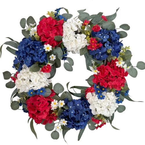 Patriotic Wreath Decorations, 24 Inch Hydrangea 4th of July Wreaths for Front Door, Red White Blue Spring Door Wreath for Independence Day, Memorial Day for Indoor Outdoor Decor