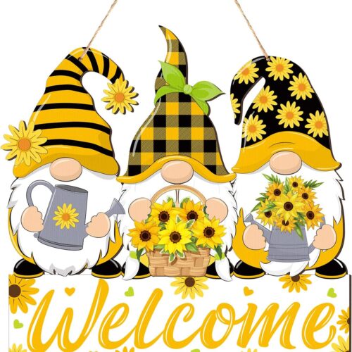Sunflower Gnomes Welcome Sign Summer Welcome Hanging Decorations Wreath Wooden Hanging Door Sign with Ropes for Porch Front Door Decor Wedding Dinner Home Garden Kitchen Decor