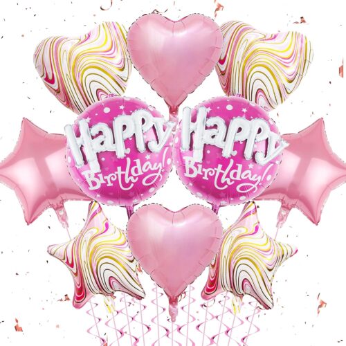 Happy Birthday Decorations - Pink Balloons Pack Of 10 Foil Helium Mylar Agate Star Heart Shaped Balloons For Princess Girl Birthday Baby Shower