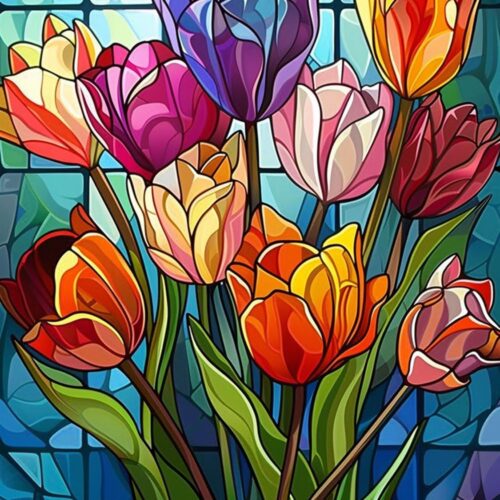 Flowers Series Diamond Painting Kits for Adults- Colorful Tulip with Glass Art - DIY Round Full Drill 5D Diamond Art for Home Wall Decor (11.8x15.7inch)