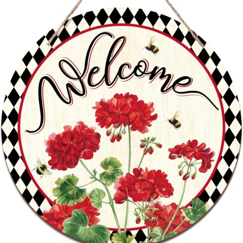 Welcome Sign Wreaths for Front Door Wooden Spring Summer Buffalo Plaid Door Hanger for Outdoor Indoor Outside Porch Farmhouse Home Window Wall Hanging Decoration, 11.81 Inch(Geranium Flower)