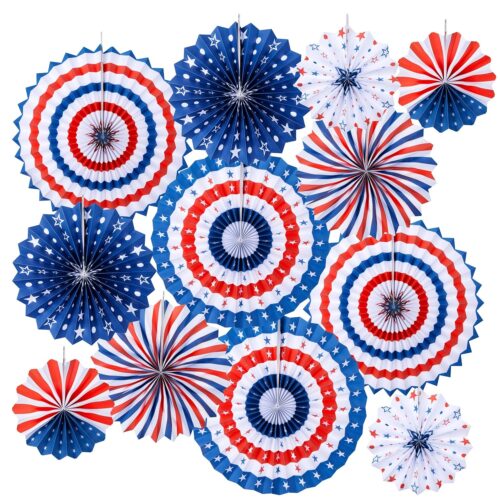 Patriotic 4th of July Decorations - USA Themed Party Supplies - Patriotic Hanging Paper Fans for 4th of July, Memorial Day, Veterans Day - Set of 12 Colorful Decorations